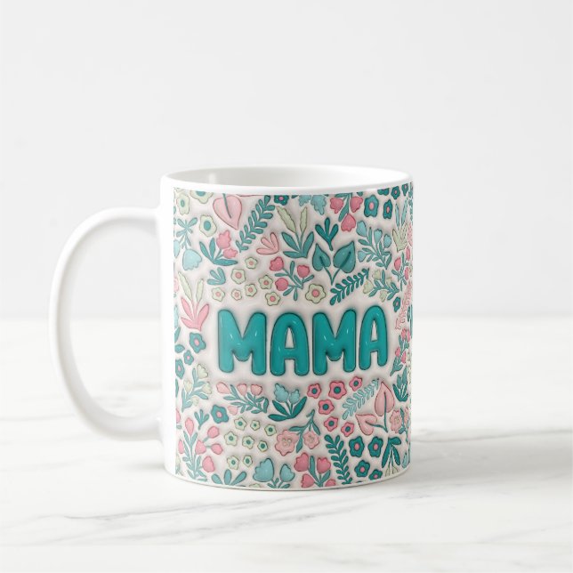 Teal Boho Flowers Mama Coffee Mug (Left)