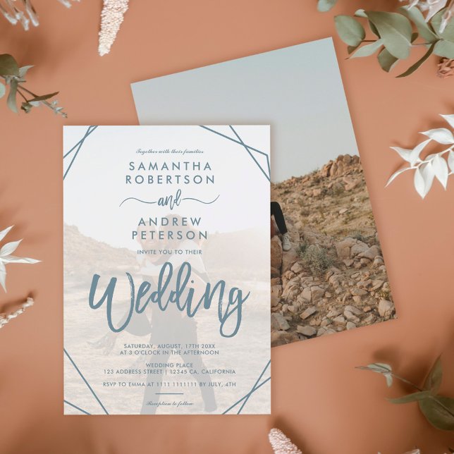 Teal boho frame simple photo script wedding invitation (Creator Uploaded)
