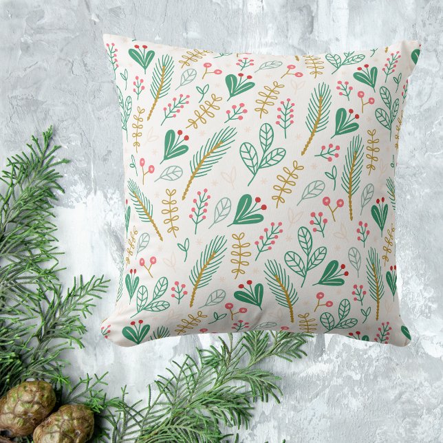 Teal Boho Pine Needle Leaf Berry Holiday Cushion (Creator Uploaded)