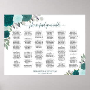 Teal Boho Roses Alphabetical Wedding Seating Chart