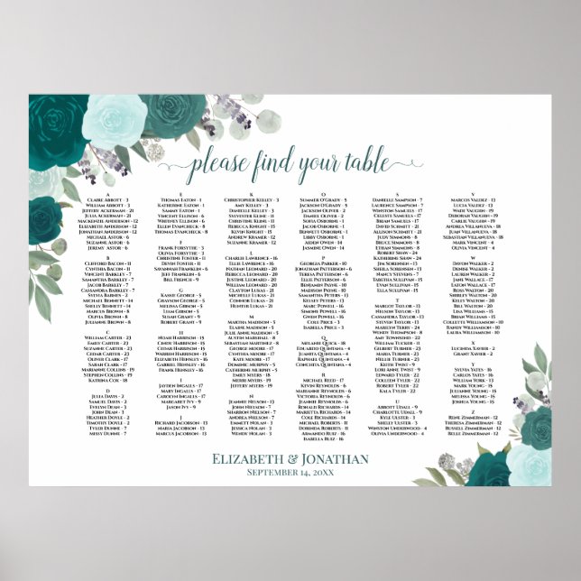Teal Boho Roses Alphabetical Wedding Seating Chart (Front)