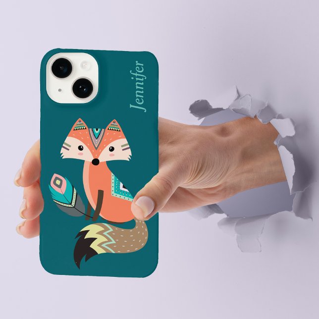 Teal Boho Tribal Fox with Feather iPhone Case (Creator Uploaded)