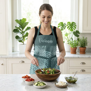 Teal Boho Tropical Leaf Apron Custom Name Monogram