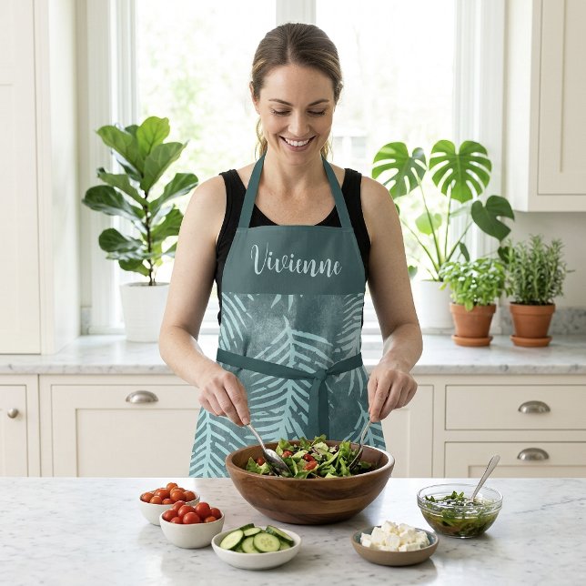 Teal Boho Tropical Leaf Apron Custom Name Monogram (Teal Boho Tropical Leaf Apron Custom Name Monogram)