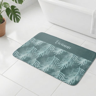 Teal Boho Watercolor Tropical Leaf Monogram Bath Mat