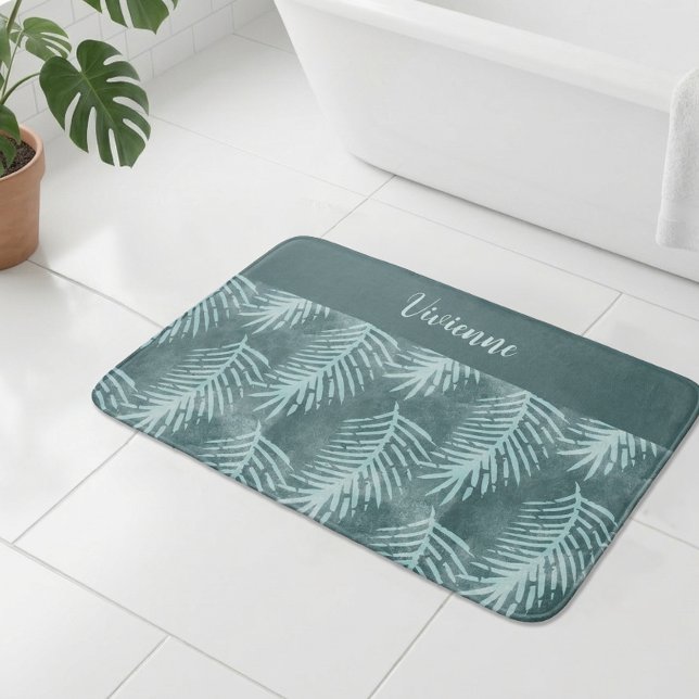Teal Boho Watercolor Tropical Leaf Monogram Bath Mat (Teal Boho Watercolor Tropical Leaf Monogram Bath Mat)