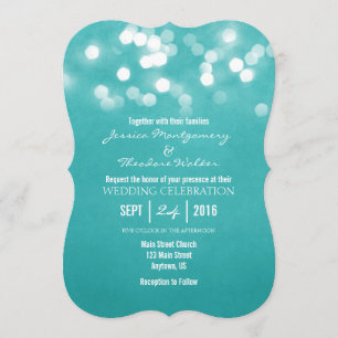 Teal Bokeh Glitter Lights Wedding Invitation