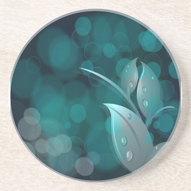 Teal Bokeh Leaves Coaster (Front)