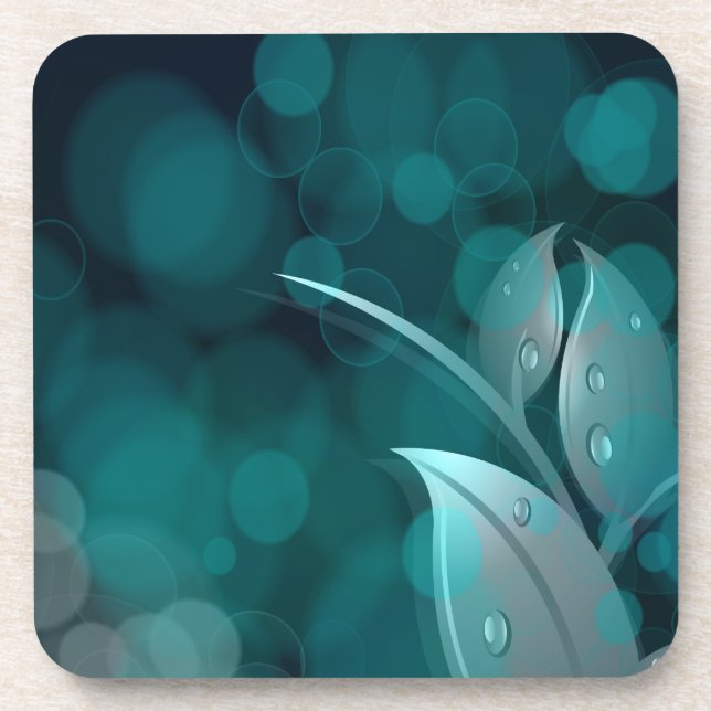 Teal Bokeh Leaves Coaster (Front)