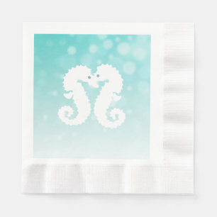 Teal Bokeh Seahorses Kissing Wedding Napkins