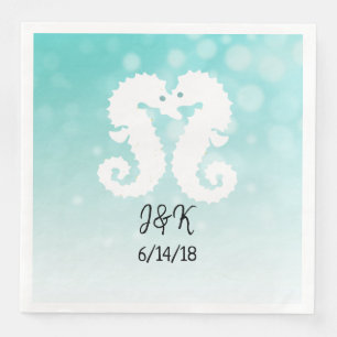 Teal Bokeh Seahorses Kissing Wedding Napkins