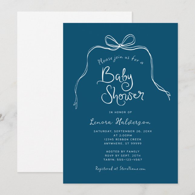 Teal Bold Simple Bow Baby Shower Invitation (Front/Back)
