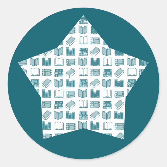 Teal Book Reading and Writing Pattern on Star Classic Round Sticker (Front)