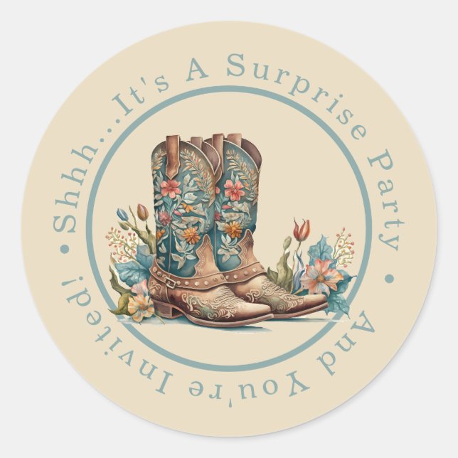 Teal Boots & Wildflowers Surprise Party Classic Round Sticker (Front)