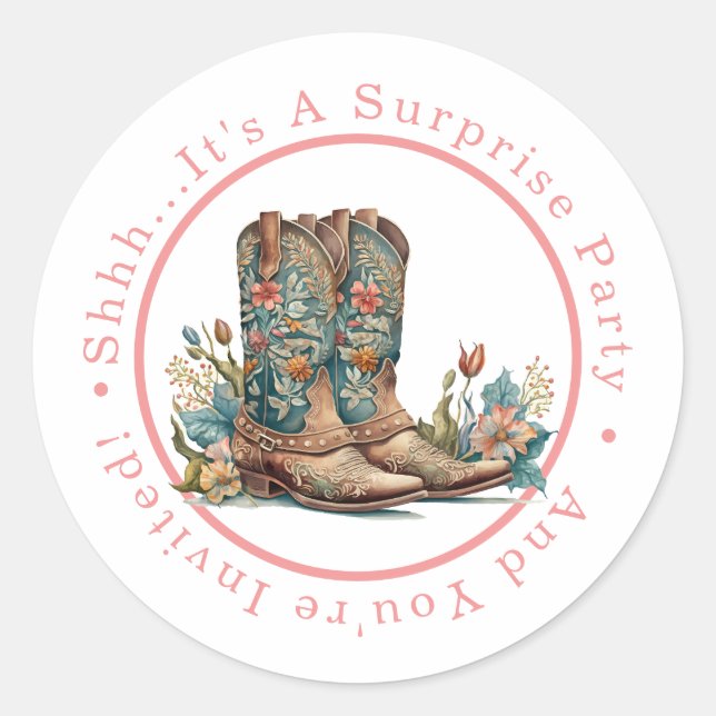 Teal Boots & Wildflowers Surprise Party Classic Round Sticker (Front)