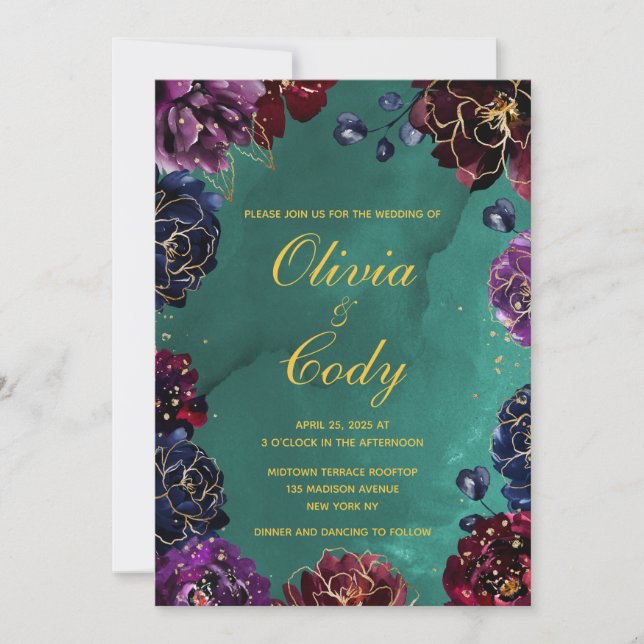 Teal Bordeaux Amethyst Jewel Tone Gold Wedding Invitation (Front)