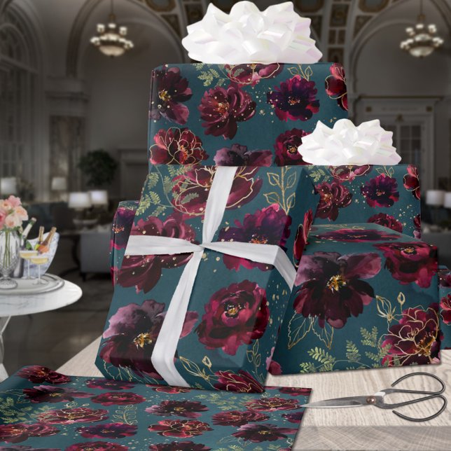 Teal Bordeaux Jewel Tone Burgundy Peony Wedding Wrapping Paper (Creator Uploaded)