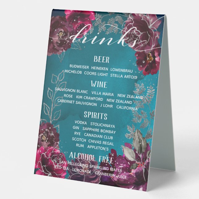 Teal Bordeaux Jewel Tone Drinks Bar Menu (Front)
