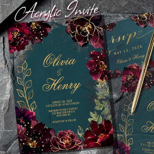 Teal Bordeaux Jewel Tone Gold Script Wedding Acrylic Invitations