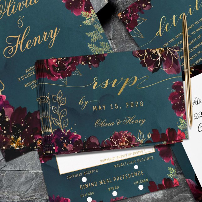 Teal Bordeaux Jewel Tone Wedding Meal Choice RSVP (Creator Uploaded)