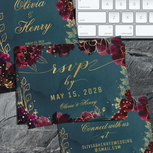 Teal Bordeaux Jewel Tone Wedding RSVP Online Card
