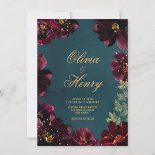 Teal Bordeaux Jewel Tones Simple Version Invitation