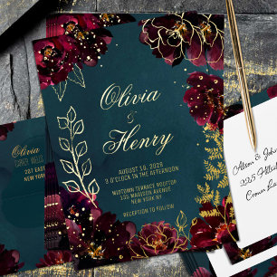 Teal Bordeaux Jewel Tones Surnames Wedding Gold