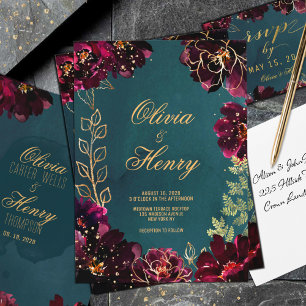 Teal Bordeaux Jewel Tones Surnames Wedding  Invitation