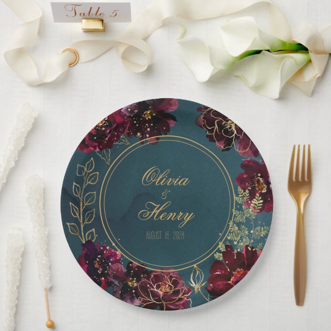 Teal Bordeaux Jewel Tones Wedding Paper Plate (Wedding)