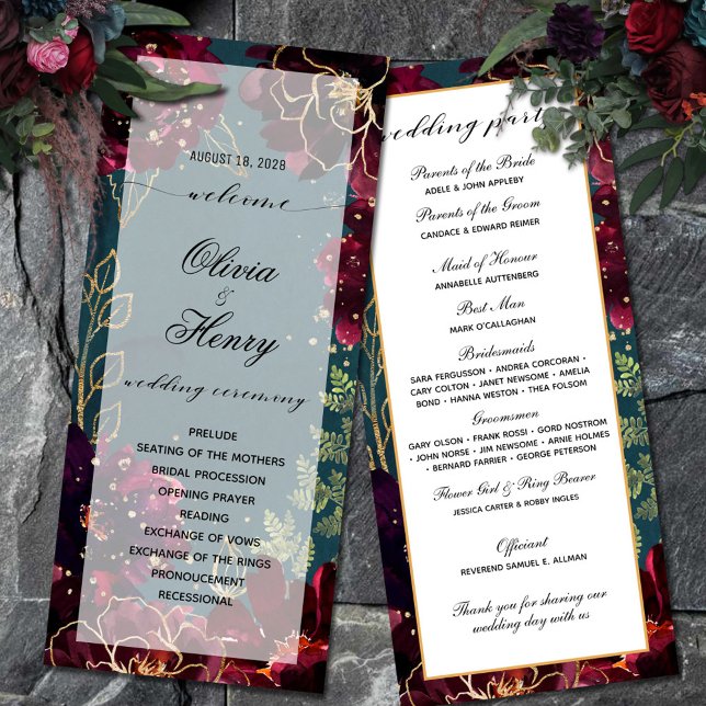 Teal Bordeaux Jewel Tones Wedding Program Menu (Teal Bordeaux Jewel Tone Wedding Program double-sided)