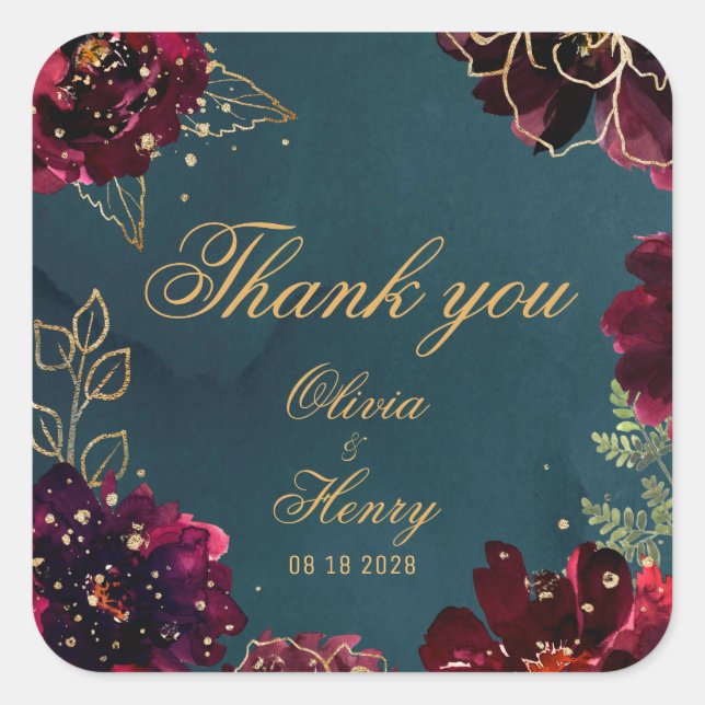 Teal Bordeaux Jewel Tones Wedding Thank You Square Sticker (Front)