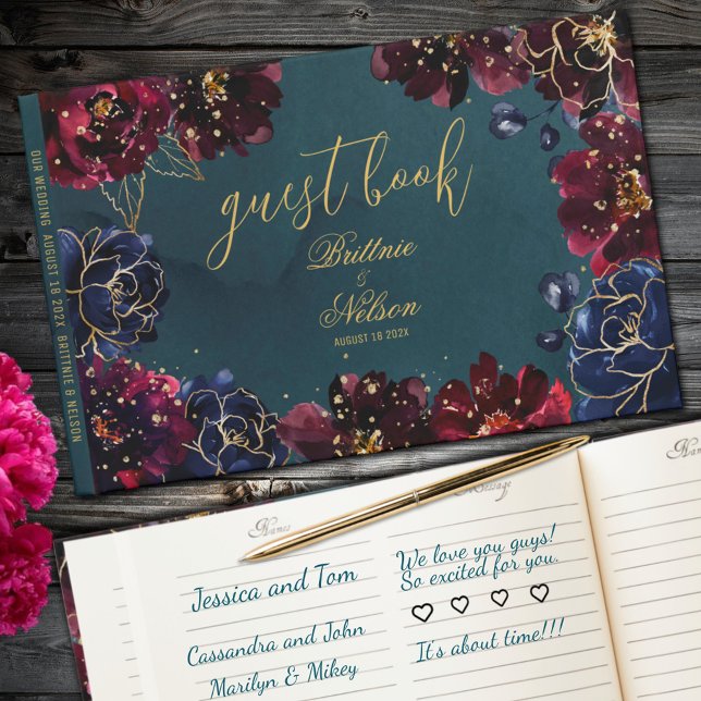 Teal Bordeaux Sapphire Jewel Tone Gold Wedding Guest Book (Teal Bordeaux Sapphire Jewel Tone Gold Wedding Guest Book)