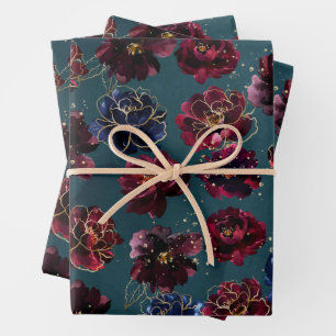 Teal Bordeaux Sapphire Jewel Tone Gold Wedding Wrapping Paper Sheet
