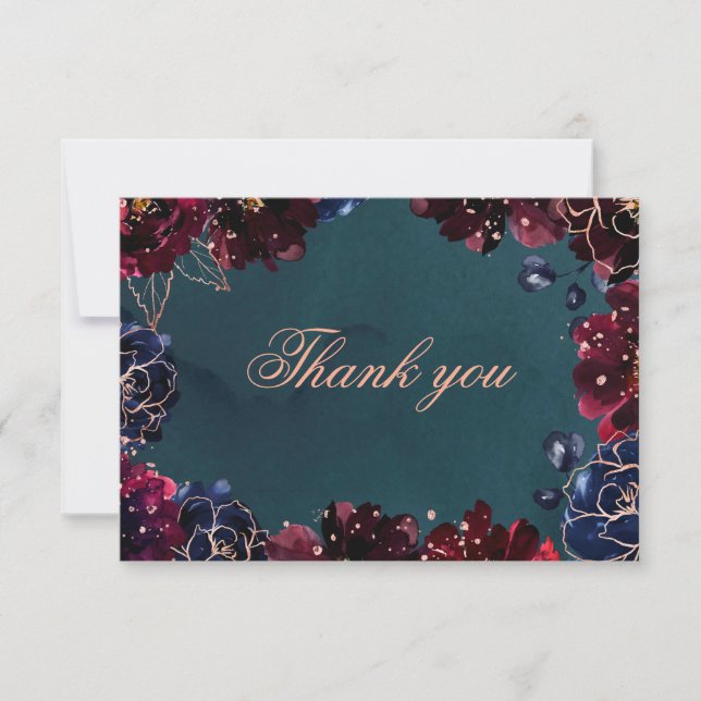 Teal Bordeaux Sapphire Jewel Tone Rose Wedding Thank You Card (Front)