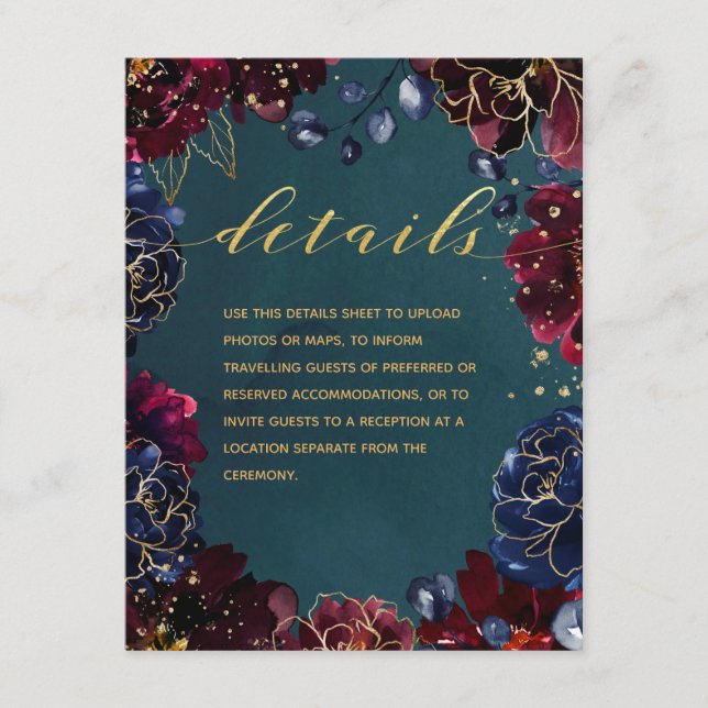 Teal Bordeaux Sapphire Jewel Tone Wedding Details Enclosure Card (Front)