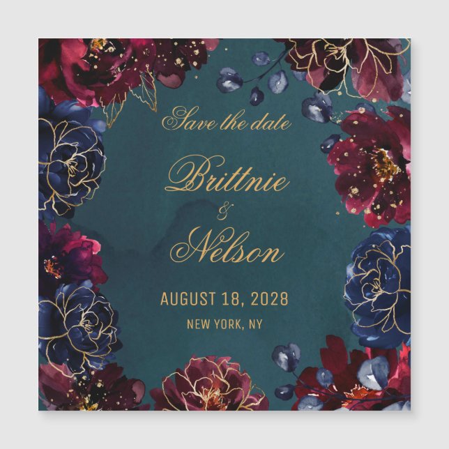 Teal Bordeaux Sapphire Jewel Tones Save The Date Magnetic Invitation (Front)