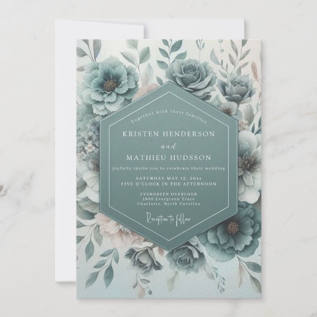 Teal Botanical Bloom Wedding Invitation (Front)