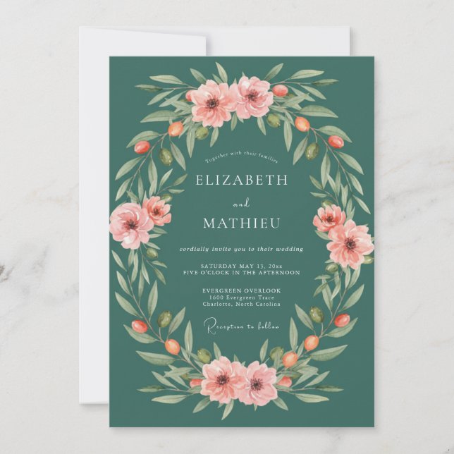 Teal Botanical Blossom Wedding Invitation (Front)