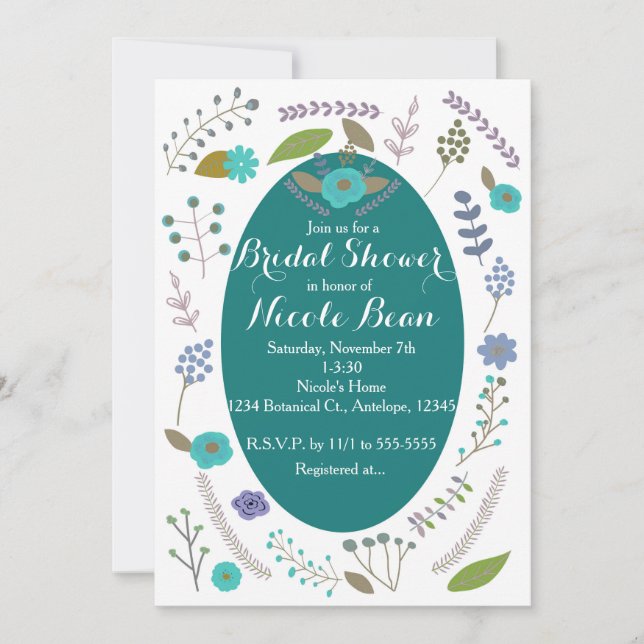 Teal Botanical Floral Bridal Shower Invitations (Front)