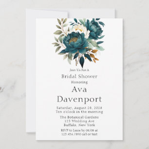 Teal Botanical Floral Peony Bridal Shower Invitation