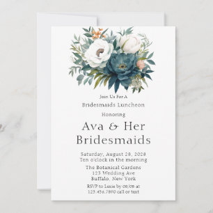 Teal Botanical Floral Peony Bridesmaids Luncheon Invitation