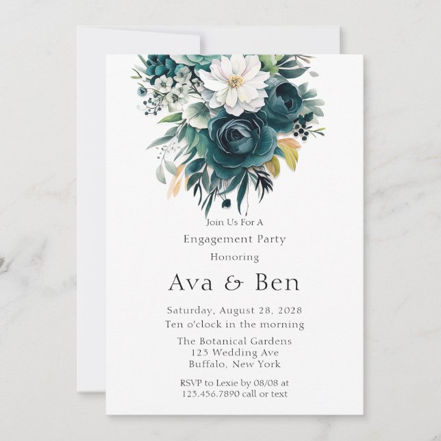 Teal Botanical Floral Peony Engagement Party Invitation (Front)