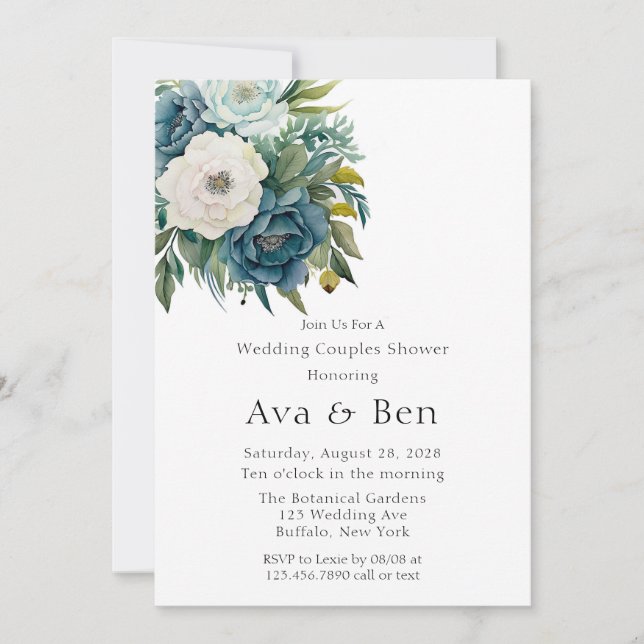 Teal Botanical Floral Peony Wedding Couples Shower Invitation (Front)