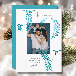 Teal Botanical Joy Family Christmas Photo Holiday Card