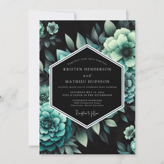 Teal Botanical Moody Wedding Invitation (Front)