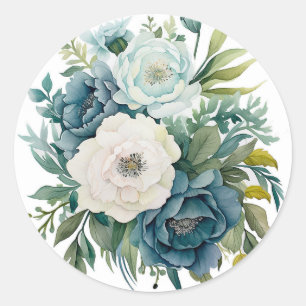 Teal botanical Peonies Wedding Classic Round Sticker