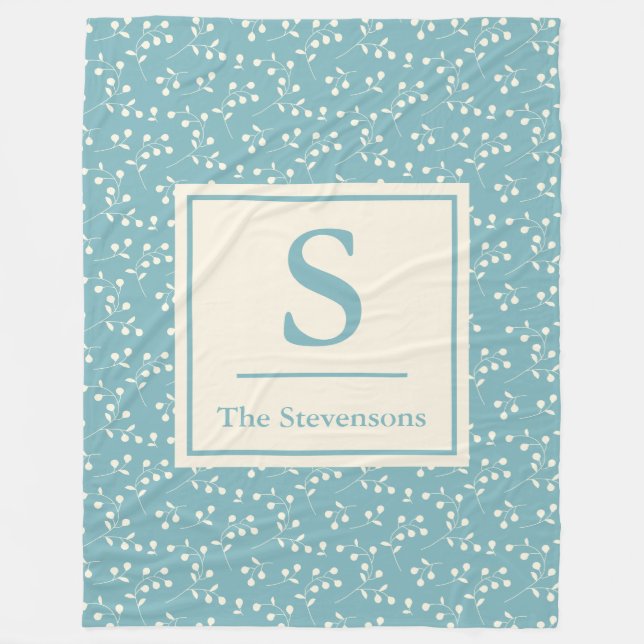 Teal Botanical Sprig Monogram Personalised Family Fleece Blanket (Front)