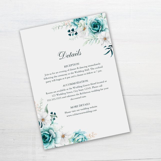 Teal Botanical Wedding Details Card (Teal and Off-white wedding invitation details card on white table)