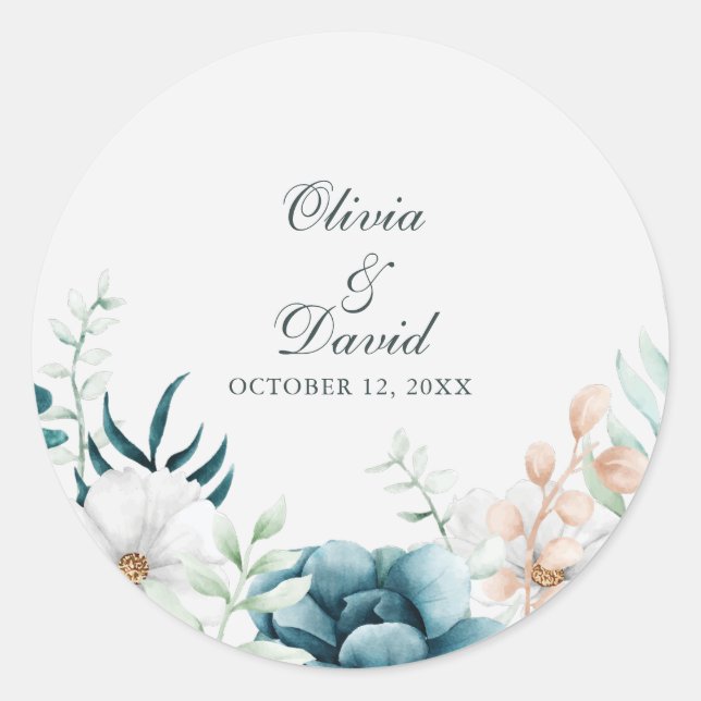 Teal Botanical Wedding Envelope Seal Sticker (Front)