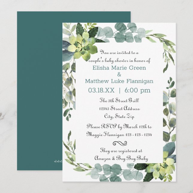 Teal Bouquet Frame - Couple's Baby Shower Invitation (Front/Back)